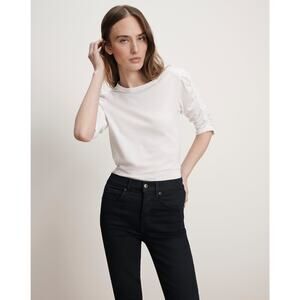 Veronica Beard Waldorf Ruched-Sleeve T-Shirt White Large Pima Cotton EUC
